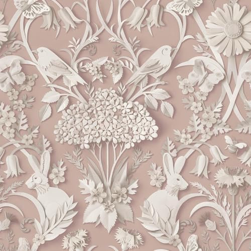 Fine Decor Dimensions Woodland 3D Effect Design Cute Animals, Rabbits, Bees, Birds and Leafs in a Soft Light and Pink Tone Wallpaper Perfect for Nursery, Kids Bedroom and Feature Walls (FD43607)
