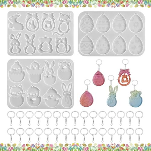 Shinybox Stampo in Silicone Pasquale, 3 Pezzi Stampo in Silicone per Uova, Conigli, Pulcini con Portachiavi, Ciondolo in Silicone Stampi per Resina Epossidica Silicone Pasqua per Decorazioni Pasquali