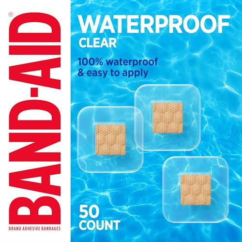 BAND-AID Brand Clear Waterproof Spot Square Adhesive Bandages, Sterile Waterproof Protection & Wound Care for Minor Cuts & Scrapes, Small Spot Bandages, First Aid Kit Essential, All One Size, 50 Count