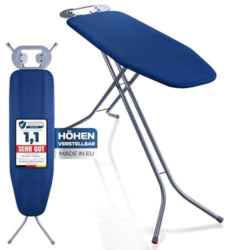 RELLINGER® Premium Bügelbrett 114x34cm Bügelfläche [EXTRA STABIL & HÖHENVERSTELLBAR ] - Bügelbrett für Dampfbügelstation - Bügeltisch mit rutschfesten Füßen - Ironing Board mit Ablage (Made in EU)