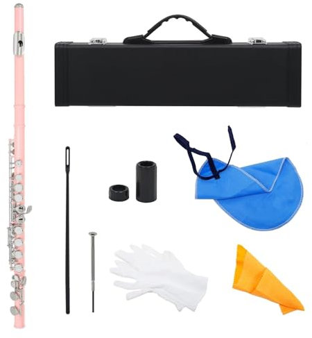 Querflöte Instrument 16 geschlossene offene Löcher, C-Taste, Flöte, Musikinstrument, Konzertflöte, versilbert, professionelle Querflöte mit E-Taste(Pink)