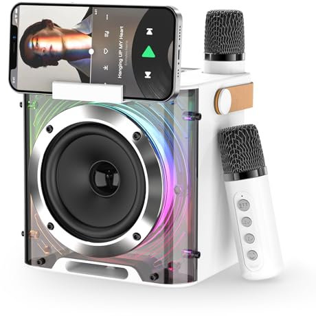 PKBD Karaoke Machine 2 Microphones for Adults Kids, Portable Bluetooth Speaker with 4 Voice Changing Effects and 5 Light Effects, Karaoke Speaker for Gift Home Party - Support TF Card, AUX (White)