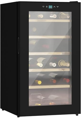 HOMCOM Cantinetta Vino Refrigerata 24 Bottiglie 65L Cantina Vino Silenziosa Temperatura Regolabile 5-20℃ Frigo Vino Bar con Vetro Anti UV, Ripiani, Compressore, Display Touch, Luci LED, Classe G, Nera
