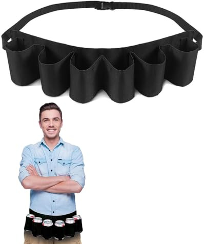 TPZORJX 1 Piece Beer Belt, 6 Beer Bottle or Can Holders, Portable Belt, Adjustable Beer Holder Wine Belt for Camping, Festivals, Bachelor Parties, Men's Mardi Gras Party (Black)