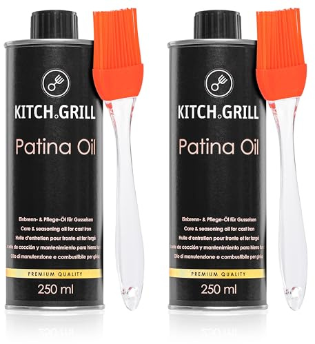 KitchGrill® Einbrenn- und Pflegeöl inkl. Silikonpinsel | 2 x 250 ml | Patinaöl für Gusseisenpfannen und - Töpfe, Grillroste, Grillplatten, Dutch Oven, etc. | Gusseisen, Schmiedeeisen, Einbrennöl, Pfle