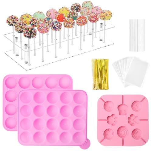 323 PCS Cake Pop Maker Kit, Cake Pop Baking Mold with 1 Acrylic Lollipop Holder,1 Silicone Mold Set,100 Pcs Clear Bags,120 Pcs Treat Sticks,100 Pcs Gold Bow Ties (There is a Lollipop Stand)