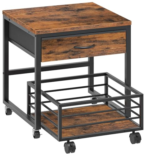 HOOBRO Mini Fridge Stand with Storage, Mini Fridge Cabinet with Fabric Drawer & Rolling Basket, Mini Fridge Table with Wheels, for Kitchen, Office, Dorm, Rustic Brown and Black EBF655BX01