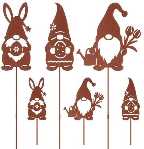 Otuuz 6er Set Wichtel Gartenstecker Frühling Gartendeko Sommerdeko 3 Große 60 cm Hoch 3 Kleine 18 cm Hoch Rost Gartendeko für Draußen Metall Roststecker Wetterfest für Terrasse Blumentopf Grabschmuck