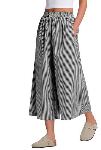 Rapbin Pantalon Capri Jambes Larges pour Femme Été 2026 Coton Rayé Taille Élastique Décontracté Pantalon Gingham avec Poches, M