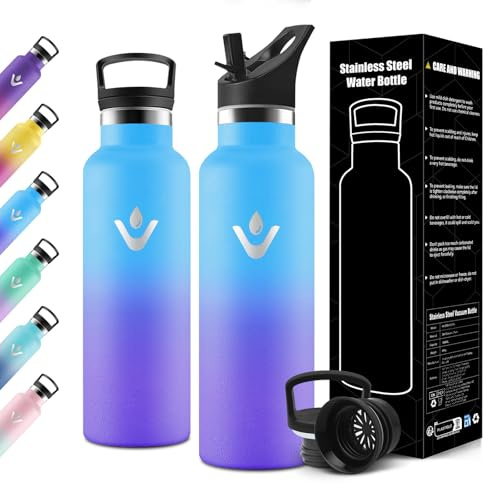 Motswedi Borraccia Termica 750ml, Doppia Parete, Bottiglia Termica, a Prova di Perdite, Borraccia con Cannuccia, Acciaio Inox, Borracce Termiche, per Campeggio, Palestra, Cielo Blu & Viola