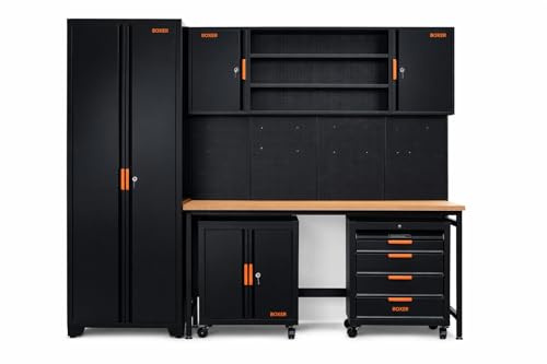Boxer® Werkbankset Werkstatteinrichtung - inklusive Werkbank, Hochschrank, Oberschrank, Rollschränke und Werkzeugwände - höhenverstellbare Füße - für Garage und Werkstatt – 200 x 230 x 46 cm