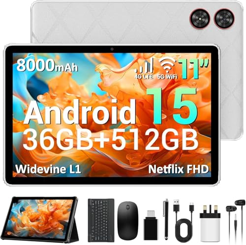 Android 15 Tablet 11 Inch with Gemini AI, 36GB+512GB (TF 1TB), 2000 * 1200 IPS, 4G LTE & 5G WiFi, Octa-Core, 8000mAh,13MP+8MP, Widevine L1, OTG, GPS, Tablet with Keyboard/Pen/Mouse/Case - Gray
