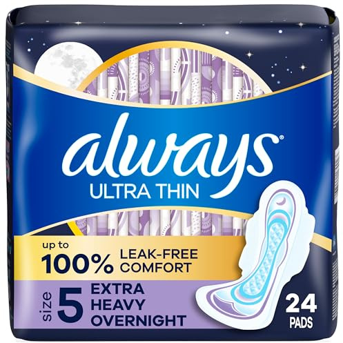 Always Ultra Thin Feminine Pads For Women, Size 5 Extra Heavy Overnight Absorbency, With Wings, Unscented, 24 Count