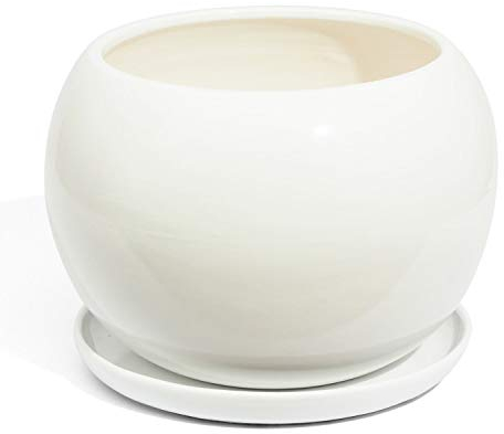 Ecoceramik Vaso da fiori in ceramica con sottovaso, sfera dipinta a mano, diametro 180 mm, bianco