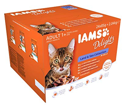 IAMS Delights Land & Sea Collection Katzenfutter Nass - Multipack mit Fleisch und Fisch Sorten in Gelee, Nassfutter für Katzen ab 1 Jahr, 24 x 85 g