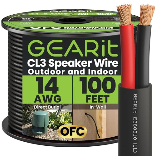 GearIT 14/2 Speaker Wire (100 Feet) 14AWG Gauge - Outdoor Direct Burial in Ground/in Wall / CL3 CL2 Rated / 2 Conductors - OFC Oxygen-Free Copper, Black 100ft