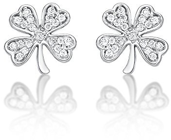Diamond Treats Boucles d'Oreilles Argent en Trèfle à 4 Feuilles, Jolies Petites Boucles d'Oreilles Femme Argent, Boucles d'Oreilles Originales Porte Chance pour Femme et Fille avec Pierres