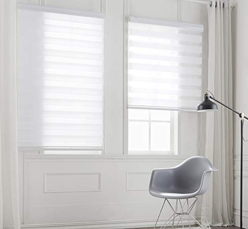 Taiyuhomes Day and Night Zebra Roller Blind Gradient Double Fabric Translucent or Blackout Vision Curtains for Window and Door with Aluminium Cassette (White, Width 90cm X Height 150cm)