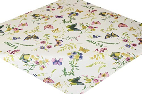 KAMACA Tischdecke Schmetterlinge auf der Blumenwiese cremefarben floral Bedruckt Frühlingstischdecke waschbar Sommer für Küche Balkon Garten Wohnzimmer ganzjährig (Tischdecke eckig 110x110 cm)