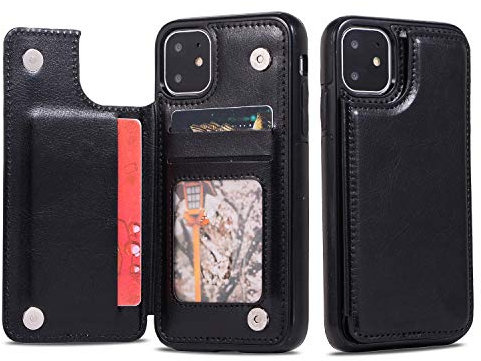 UEEBAI Case for iPhone 12 mini 5.4 inch, Luxury PU Leather Case with [Two Magnetic Clasp] [Card Slots] Stand Function Durable Shockproof Soft TPU Case Back Wallet Cover for iPhone 12 mini - Black