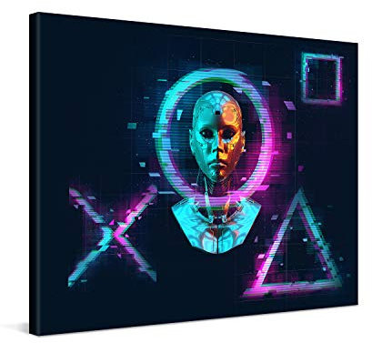 PICANOVA – Premium Leinwanddruck – Leinwandbild Cyberpunk Android Head 80x60cm – Kunstdruck Auf 2cm Holz-Keilrahmen Für Schlaf- Und Wohnzimmer – Kollektion Gaming Console Gamepad Symbols