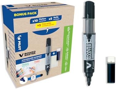 Pilot V-Board Master Marker, Black, 10 Markers and 10 Refills, Recycled Material, 6mm Bullet Tip, (WLT556275)