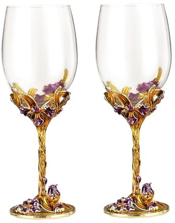XUDREZ Copa de vino blanco, copa de vino pintada a mano con flores esmaltadas de tallo largo sin plomo, regalo ideal para mujeres, madres, amigas, día de la madre (dorado (juego de 2))