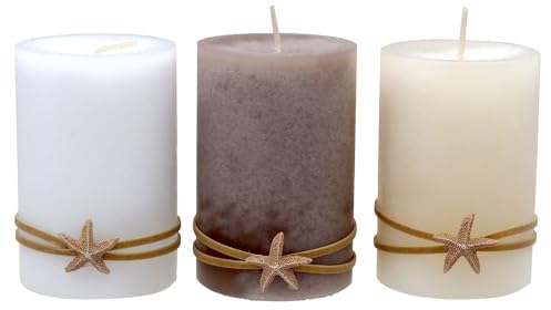 Kerzen Stumpenkerzen Weiß Creme Braun Seestern Maritim Deko Tischdeko 3 Stück