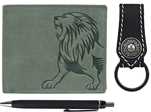 URBAN FOREST Leo Ledergeldbörse Combo für Herren, Vintage Grün + Stift + Schlüsselanhänger, zweifach gefaltete Geldbörse, Grün , Zweifach gefaltete Brieftasche