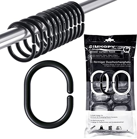 Duschvorhangringe 24 Stück,Duschvorhang Haken Schwarz,Ringe für Duschvorhang in C-Form für Duschfensterstange,Aus Stabilem Kunststoff Duschvorhang Ringe,Duschringe für Duschvorhangstangen