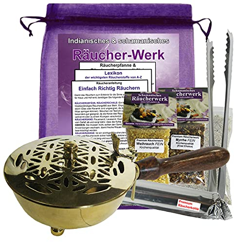 Räucherstövchen Räuchergefäß Weihrauchbrenner Blume des Lebens Räucherpfanne 9-TLG Räucherset zum räuchern für Rauhnächte mit Weihrauch, Myrrhe, Räucherzange, Räucherzubehör. 7860-1ZWM