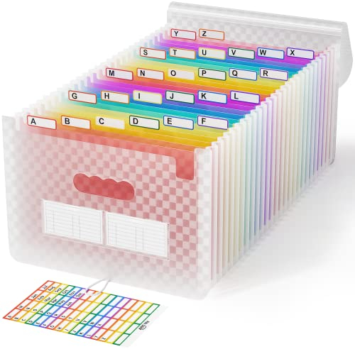 ABC life Dokumentenmappe A4 mit Gittermuster,26Fächermappe Datei Organizer,Regenbogen Akkordeon Erweiterbar Ordnungsmappe, Grosse Kapazität Dokumententasche,A4 Ordner Tragbar Sortiermappe Schule(Rosa)