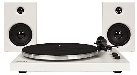 Crosley T150 Toscadiscos De Vinilio con 2 Altavoces, Bluetooth y AUX - Toscadiscos Vintage de 2 velocidades - para vinilos de 7, 10 y 12 - con Disco de Aluminio de tamaño Completo - Blanco