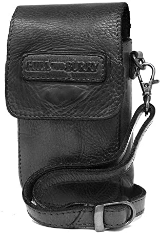 Hill Burry • Kleine Unisex Handytasche aus Leder HBAK102WH (Schwarz aus Waschleder)