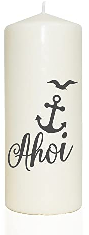 WB wohn trends Spruchkerze, AHOI Anker Möwe maritim, grau, 20cm, 765g d8cm, Kerze mit Spruch, Brenndauer ca 70 Std