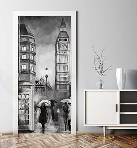 MyMaxxi - Tür bekleben mit Türtapete Türposter Türfolie Selbstklebend 90x200 Londoner Innenstadt gemalt farblos - Tür verschönern Türaufkleber Türklebefolie Kunst Farbe Sehenswürdigkeit braun