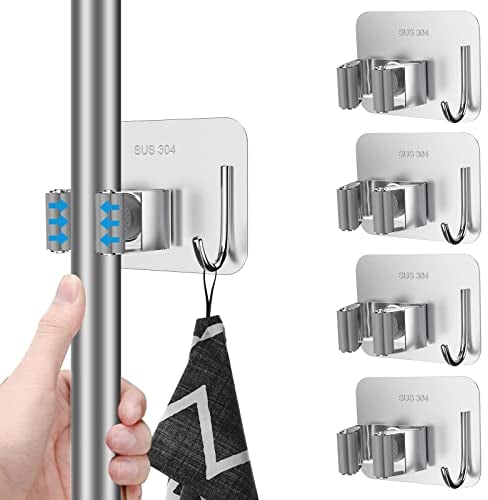 Hoewot 4 Pcs Mop Broom Holder, Stainless Steel No Drill Mop Holder Wall Mounted with Hooks Hanger, Mop Broom Organizer for Bathroom, Office, Kitchen, Closet, Garage(Silver) (Hoewot-02)