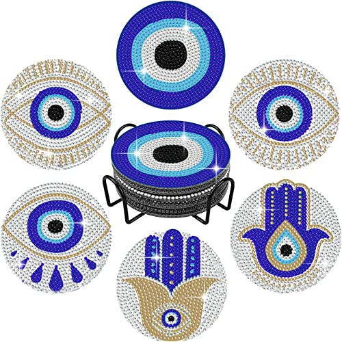 6 Stück 5D-Diamant-Gemälde Untersetzer Kits mit Halterung, blaues böses Blick, DIY-Diamant-Untersetzer-Set, Zubehör, Hamsa-Hand-Diamant-Malerei-Set für Anfänger und Erwachsene, Boho-Heimdekoration