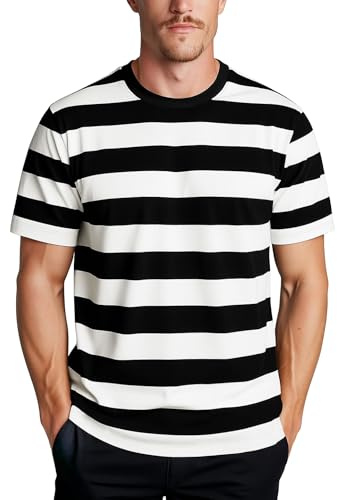 Zengjo Striped T Shirts for Men(Black/Off White,M)