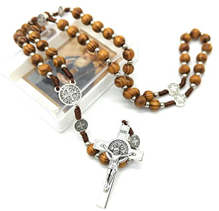 OVUNQUE PROTEGGIMI Rosario di San Benedetto grani in Legno di Noce e medaglie. Rilegato in Corda. Corona con Preghiera di San Benedetto. Rosario cattolico. St Saint Benedict Rosary. Catholic Rosary