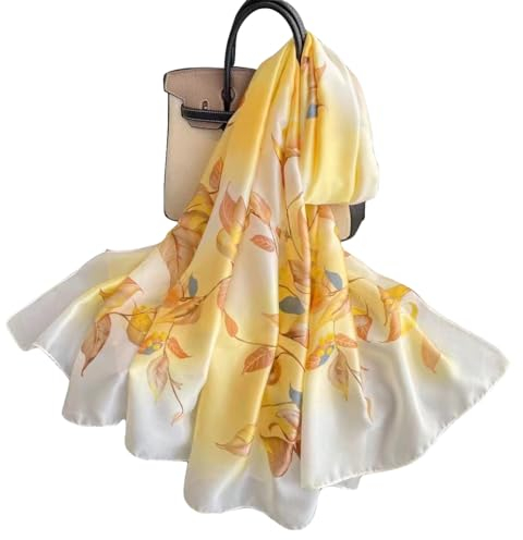 Silk Scarf Women Chiffon Shawl Stain Neckerchief Long Head Wrap Lightweight Scarf Ladies Hijab Belt Vintage Bridal Shawl Chiffon Scarf Muslim Cloth floral Christmas Scarf (Yellow-white)
