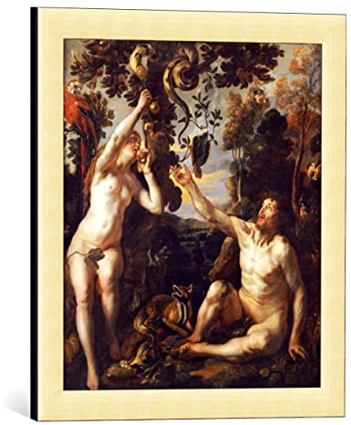 kunst für alle Bild mit Bilder-Rahmen: Jacob Jordaens Der Sündenfall - dekorativer Kunstdruck, hochwertig gerahmt, 40x45 cm, Gold gebürstet