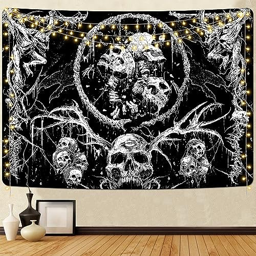 Usping Wandteppich mit Totenkopf-Motiv, Ziegen-Skelett-Auge, Schwarz-Weiß, Wandteppich, Gothic, Teufel, Drache, Dämonen-Satan, Wandbehang für Schlafzimmer, 150 x 210 cm