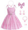 Uivic Costume de Bar-bie pour fille, tenue de costumade du film Margot Robbie, robe vichy rose et blanc pour fête d'enfant, déguisement d'anniversaire (rose 1 avec accessoires, 9 ans à 10 ans)