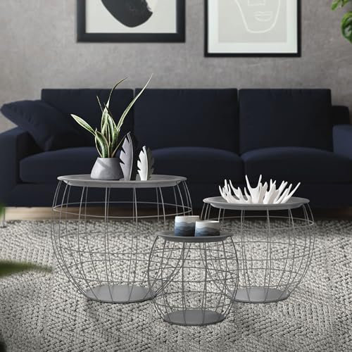 ML-Design Beistelltisch 3er Set, rund, Grau, Metallkörbe Couchtisch 3 Größen Ø31cm/Ø38cm/Ø47cm, Metall, Abnehmbarer Tischplatte, Stauraum, 3-TLG. Wohnzimmertische Sofatische Kaffeetische Satztische
