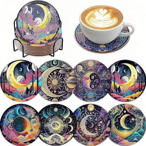 Dmiuhbl 8Pcs Diamond Painting Coasters with Holder DIY Moon Diamond Art Coasters Kit for Beginners Adults And Kids Art Craft Supplies Gifts