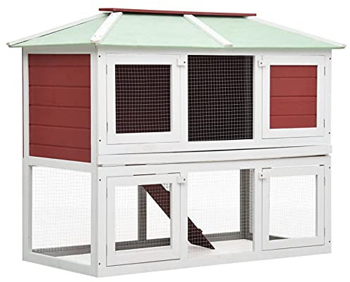 Homgoday Tierkäfig Kaninchenkäfig Doppelboden Rot Holz