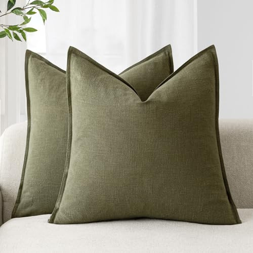 Foindtower 2er Set Kissenbezüge Dekorative Neutral Leinen Solide Boho Kissenbezug Farmhouse AWeiches Akzentkissenbezug für Stuhl Couch Sofa Schlafzimmer Wohnzimmer Dekokissen 50x50 cm Olivgrün