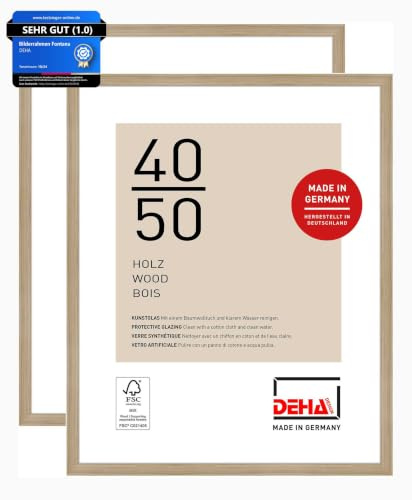 DEHA Design Holz Bilderrahmen Fontana, 40 x 50 cm 2er Set, Hellbraun | Holz Posterrahmen im Hoch- & Querformat zum Aufhängen Hellbraun matt bruchsicheres Kunstglas