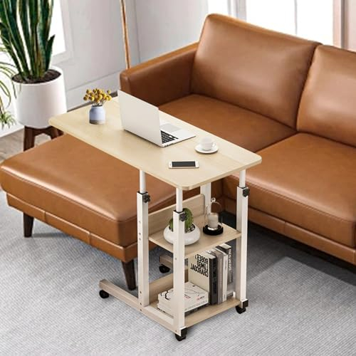 Undres Beistelltisch, Beistelltisch höhenverstellbar, Beistelltisch C-Form, Laptoptisch mit Rollen, Vielseitiger Couchtisch, Pflegetisch für Bett, mit Zwei Ablagen, für Schlafzimmer,Wohnzimmer (Weiß)